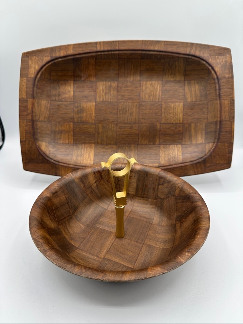 2 pc set of Weavewood Walnut Snack Bowls. USA Retro MCM
